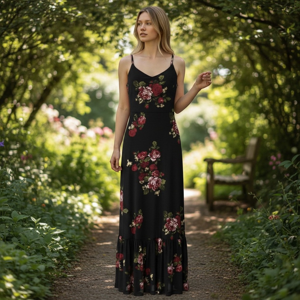Droimp Floral Maxi Dress Whimsigoth Grunge Mesh Ruffle Hem - XS Black Red